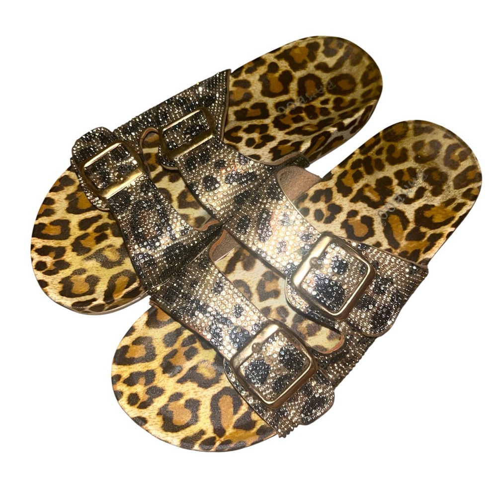 BAMBOO Leopard Print Sandals with Rhinestone Straps